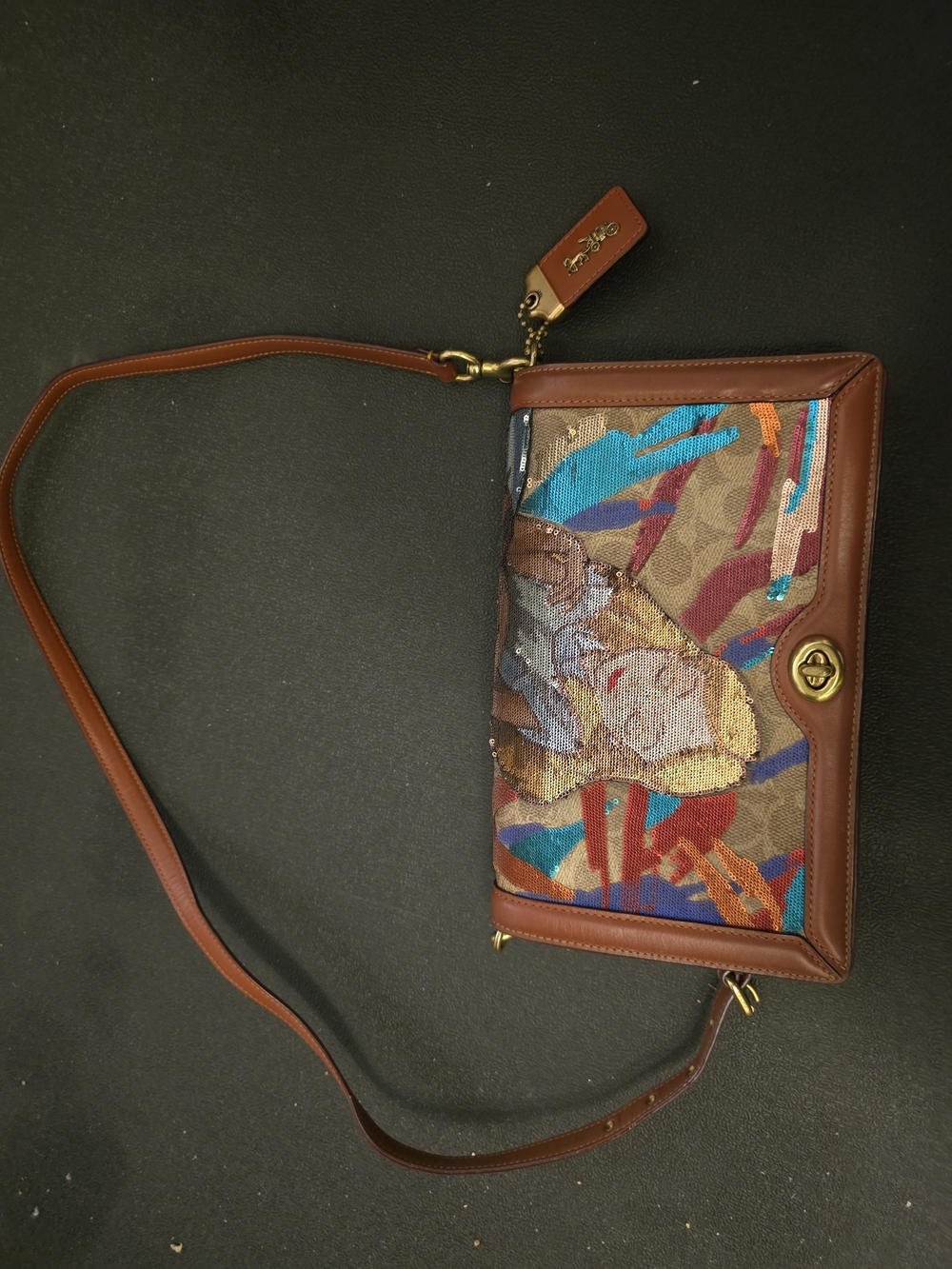 Coach Sequin-Embellished Brown Canvas Crossbody Clutch - Picture 3 of 4